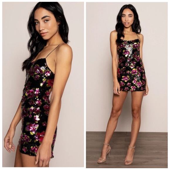 For Love & Lemons Dresses & Skirts - For Love & Lemons NWT Black Pink Sequin San Junipero Floral Mini Dress Medium